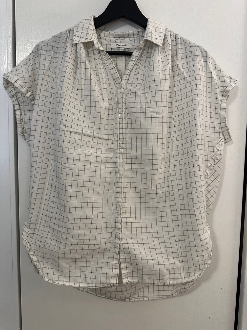 Madewell Cream Short-Sleeve Button-Down with Black Windowpane Grid